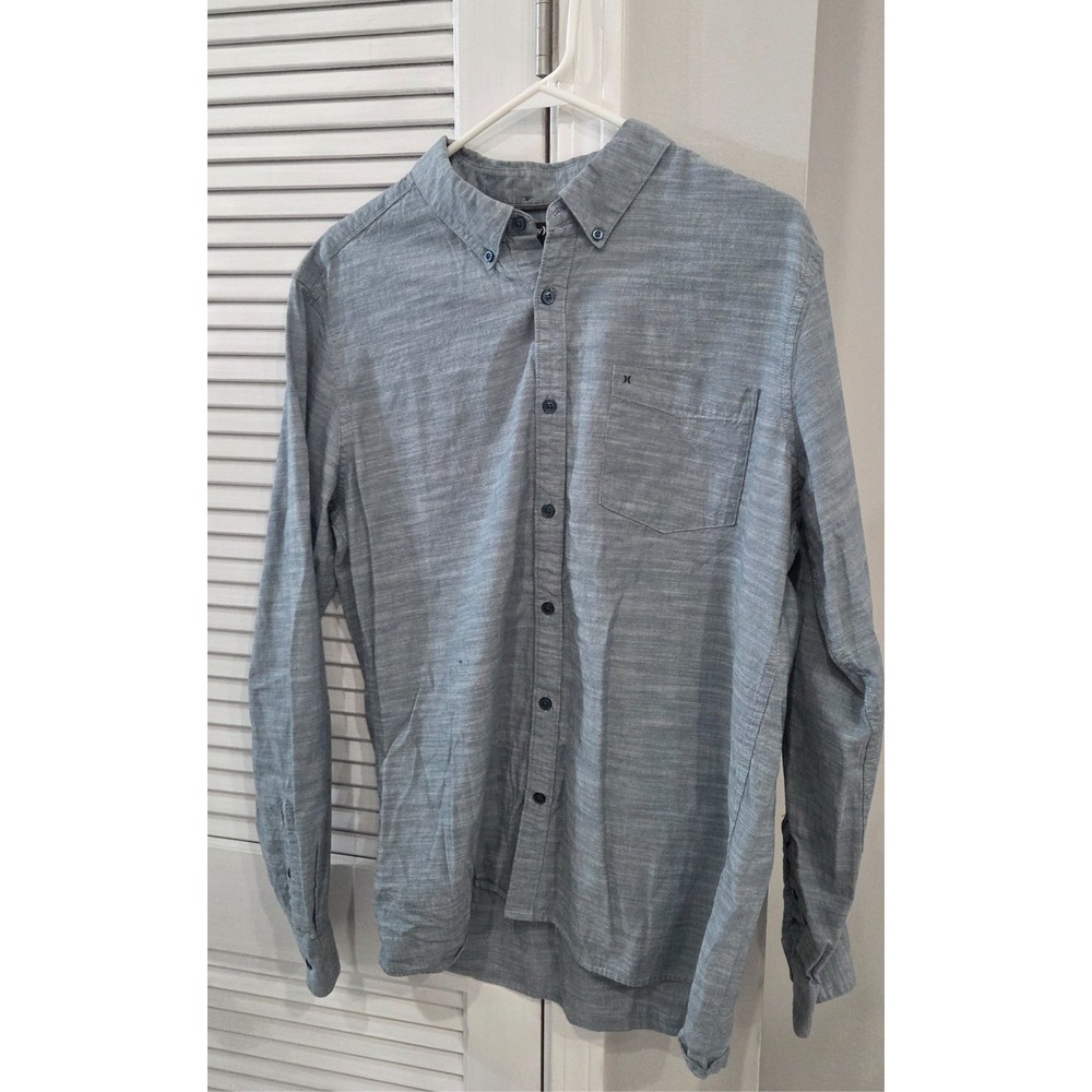 Hurley Mens Logo Button Up Long Sleeve Shirt Light Blue Classic Fit Large